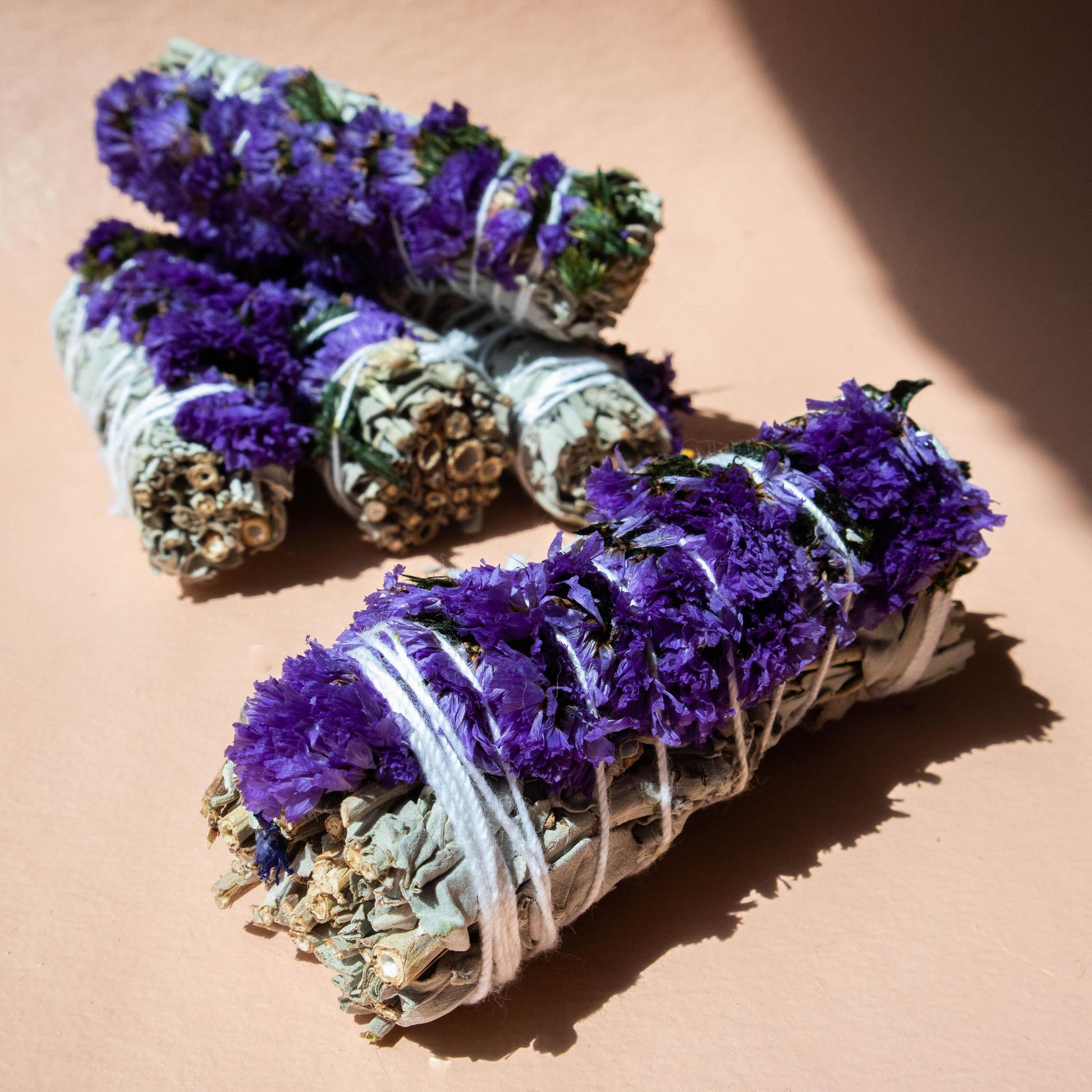 white sage, sage stick, sage, sinuata flowers, purple sinuata flowers, sage smudge stick, sage smudging, sage cleansing