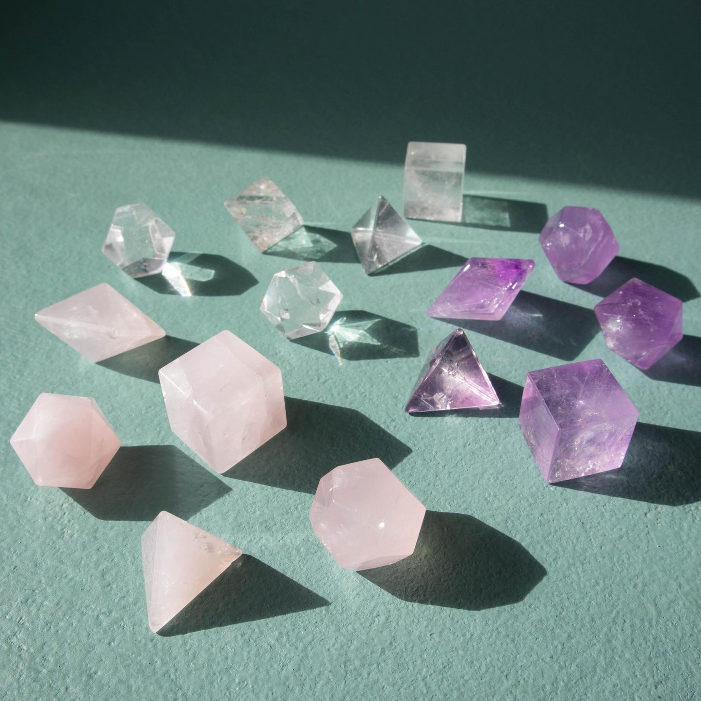 platonic solids, 5 piece platonic solids, platonic solid set, crystal platonic solid set, crystal platonic solid, rose quartz platonic solids, amethyst platonic solids, clear quartz platonic solids, quartz platonic solids