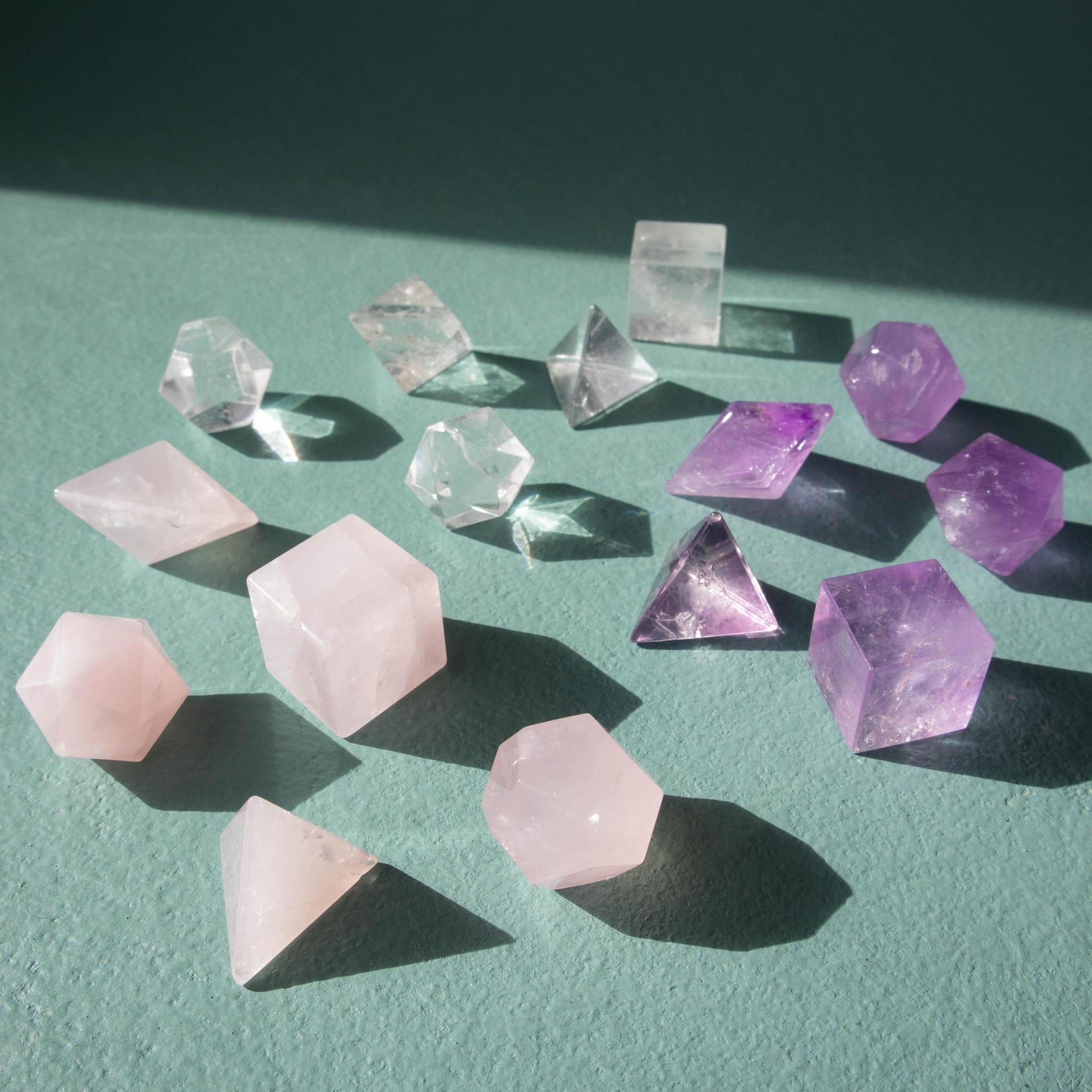 platonic solids, 5 piece platonic solids, platonic solid set, crystal platonic solid set, crystal platonic solid, rose quartz platonic solids, amethyst platonic solids, clear quartz platonic solids, quartz platonic solids