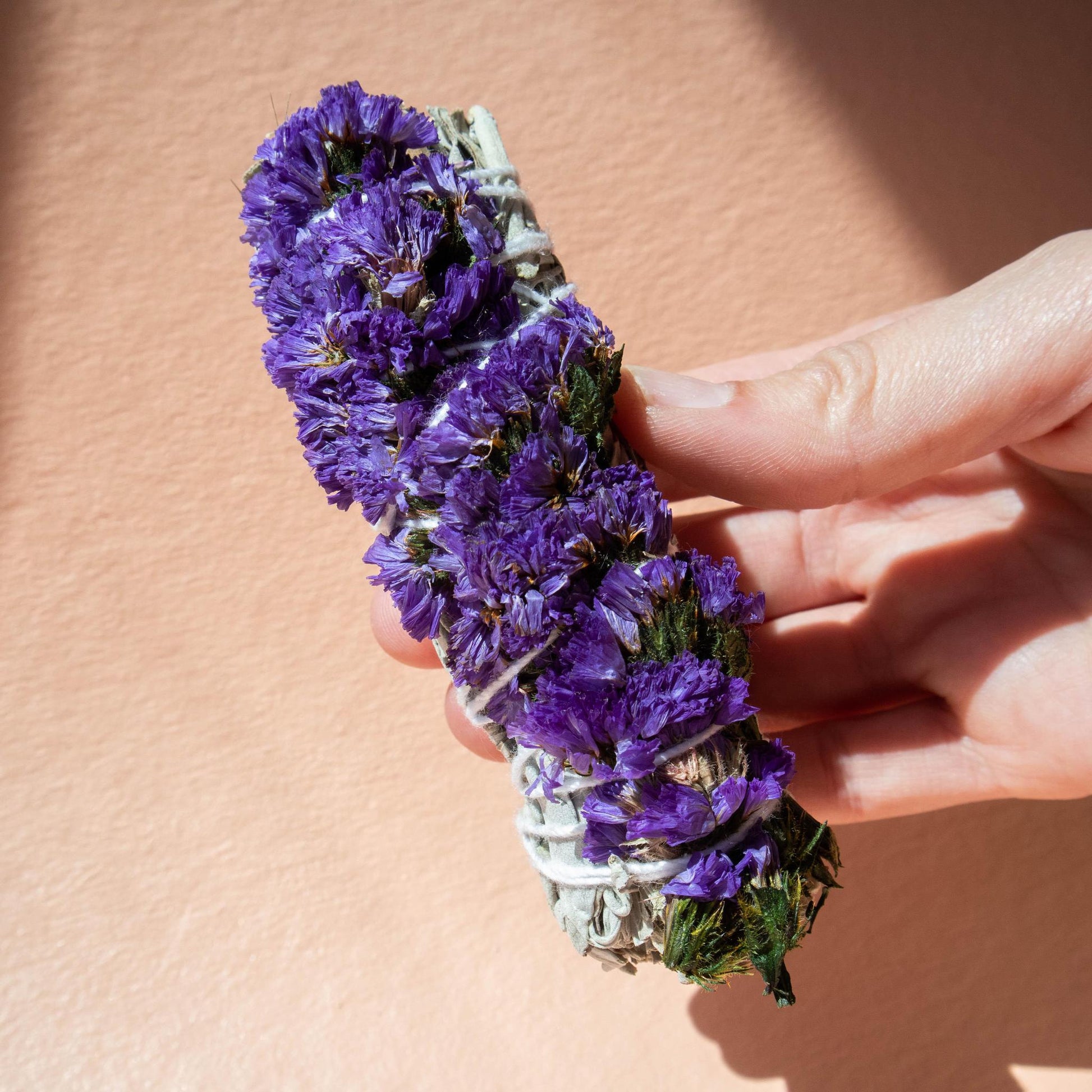 white sage, sage stick, sage, sinuata flowers, purple sinuata flowers, sage smudge stick, sage smudging, sage cleansing