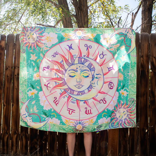 celestial daydream tapestry, tapestry, home decor, zodiac home decor, zodiac tapestry, sun and moon, sun and moon home decor, sun and moon tapestry